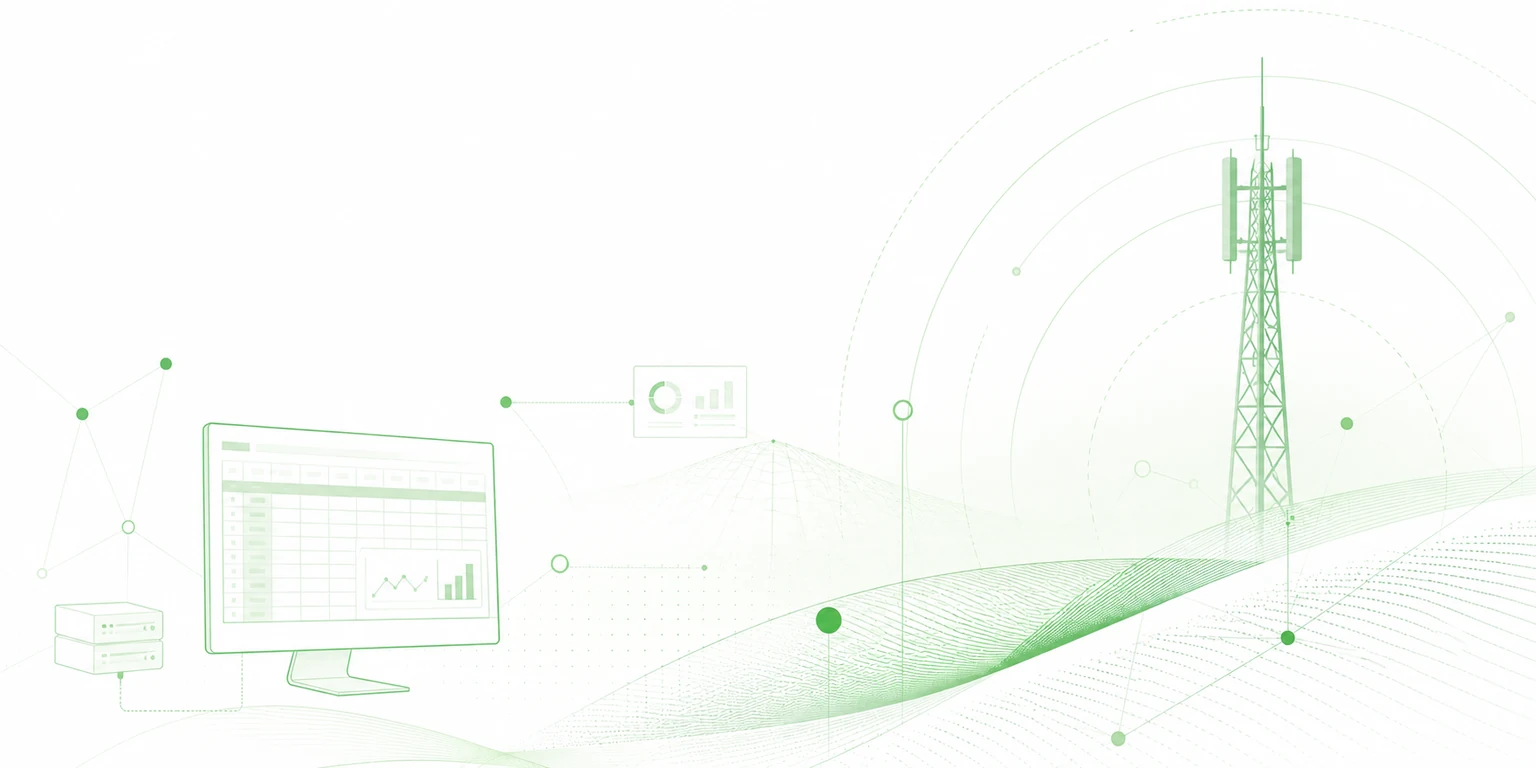 Minimal enterprise telecom illustration with a spreadsheet monitor, server, and radio tower